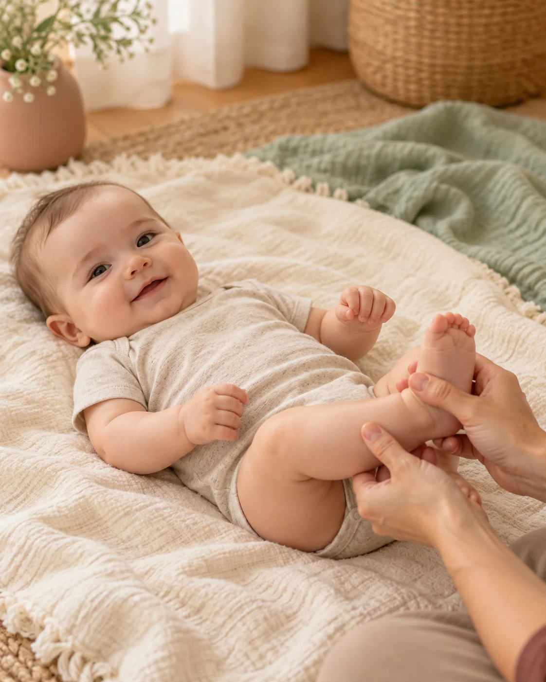 Un bébé reçoit un massage doux des jambes et des pieds